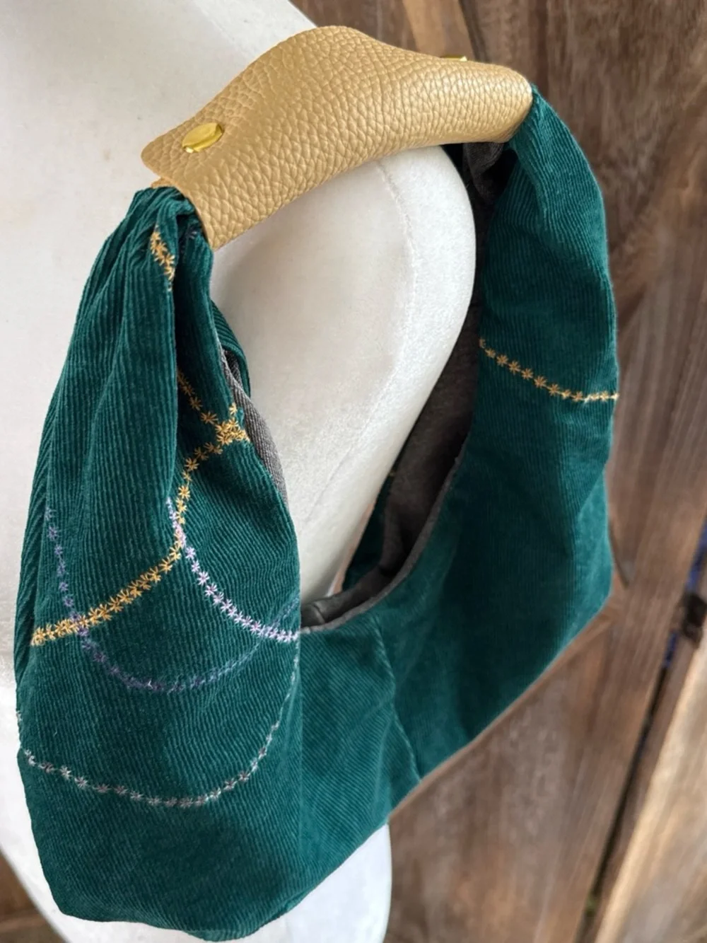 Green Corduroy Hobo Bag with Gold Accent - Women Accessories
